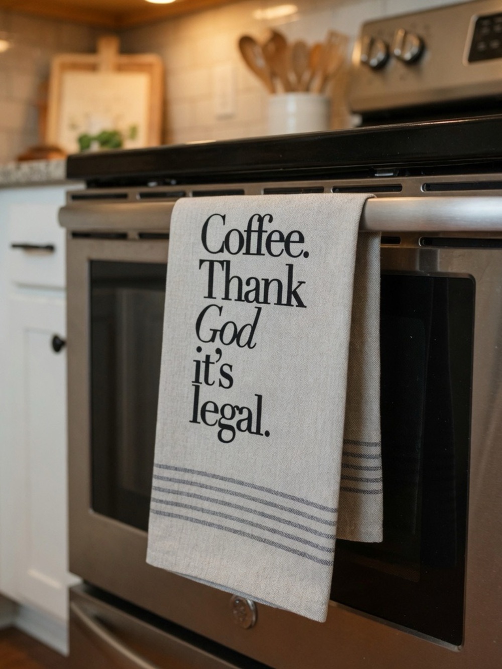 Coffee Thank God It's Legal Tea Towel - Neutral Stripe